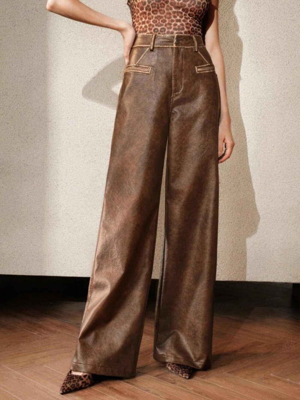 Brown Distressed Faux Leather High Waist Wide Leg Pants